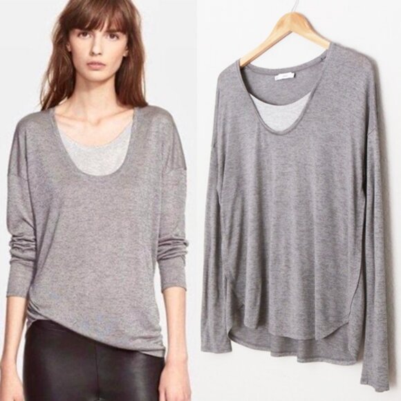Vince Tops - Vince Layered Two Tone Long Sleeve Tee Top M Round Neckline Curve Hem Sleek Slim